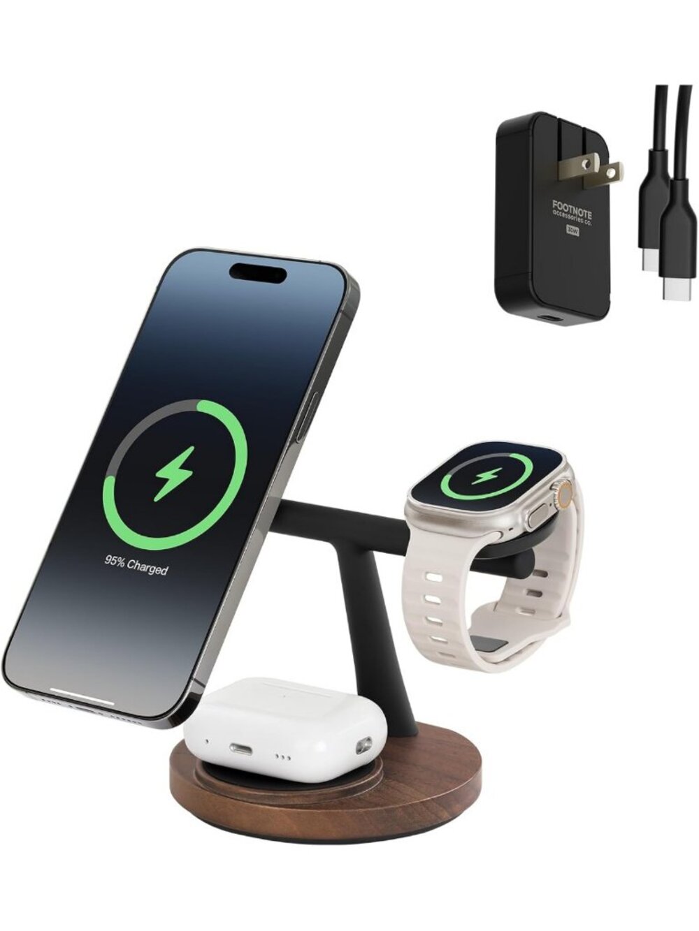 Magnetic Wireless Charger in Walnut Wood with 30W Adapter & Cable - Fast